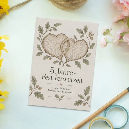 Herzliche Postkarte zur Hölzernen Hochzeit mit Baumringen|p:2012488|h:aeda6105304f9222374f8ccad5cc7e3d