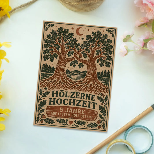 Romantische Postkarte zur Hölzernen Hochzeit mit Eichenbäumen|p:2012490|h:f64c69c6556cb50e09275a04e03b28b6