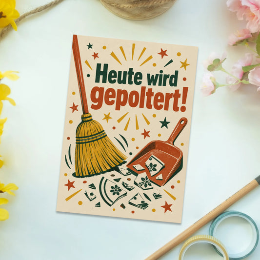 Lustige Postkarte zum Polterabend mit Besen und Kehrblech|p:2012500|h:fa3642aeb28362eb602c4f1c9d65926a