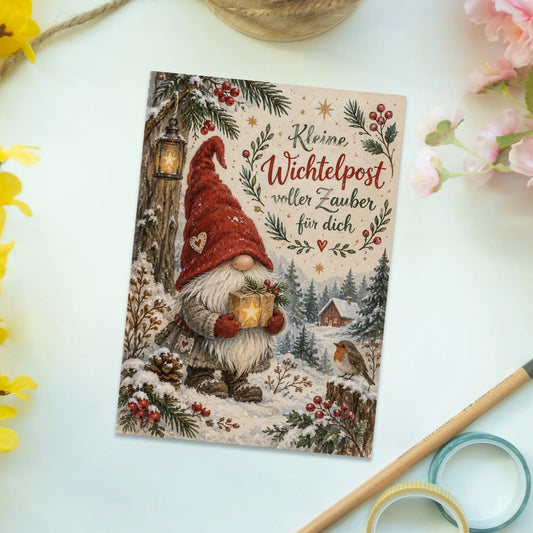 Zauberhafte Postkarte zu Weihnachten mit Wichtel und Geschenk|p:2012512|h:686a59d021c05b269c098f485f3de381