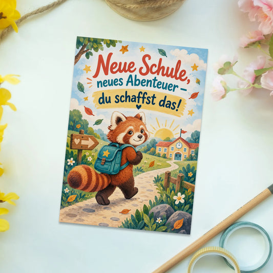 Aufmunternde Postkarte zum Schulwechsel mit Rotem Panda|p:2012543|h:bebb40f3732bd322f7bda291a2c93d22