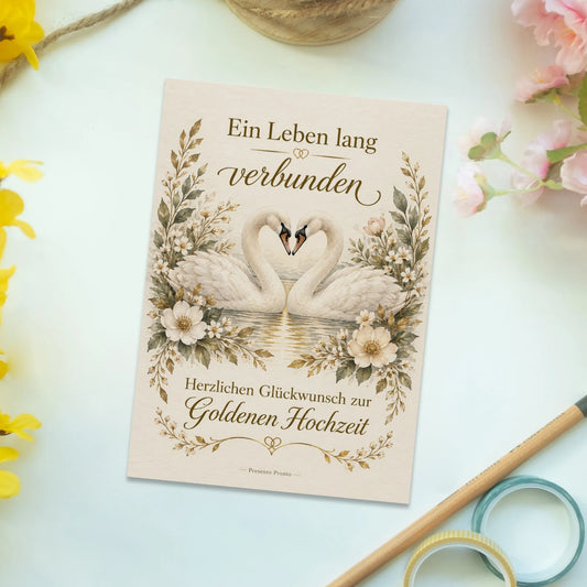 Elegante Postkarte zur Goldenen Hochzeit mit Schwanenpaar|p:2012553|h:f2c92a1f90e90a9858f5c98f08f35412