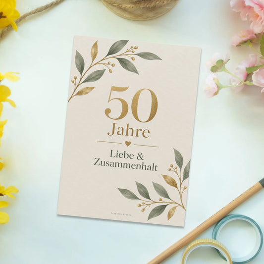 Elegante Postkarte zur Goldenen Hochzeit mit botanischen Zweigen|p:2012561|h:9fd1a46c94ac8e6906491a3c757c228f