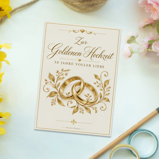 Elegante Postkarte zur Goldenen Hochzeit mit Eheringen|p:2012564|h:f5998c43fc63bfd05d11507c415e6dbf
