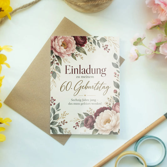 Elegante Einladungskarten zum 60. Geburtstag für Frauen mit Pfingstrosen|p:2012678|h:2d12568cb5c32057d49416a463b46f90
