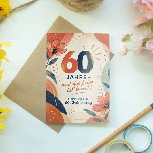 Farbenfrohe Einladungskarten zum 60. Geburtstag für Frauen mit Blumen|p:2013081|h:85a01d30ebe685571fc0f816255ff7dd