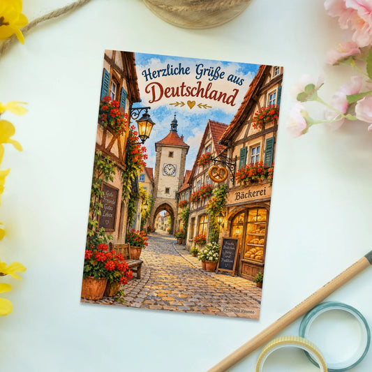 Herzliche Postkarte aus Deutschland mit Fachwerkstadt|p:2013278|h:e47fddb0e711234c1cdc5d4d94b56ebd