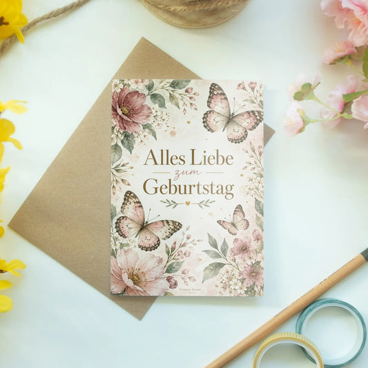 Elegante Einladungskarten mit Schmetterlingen und Wildblumen zum Geburtstag|p:2013291|h:4791b3b331aefcc4bd614c4794db7857