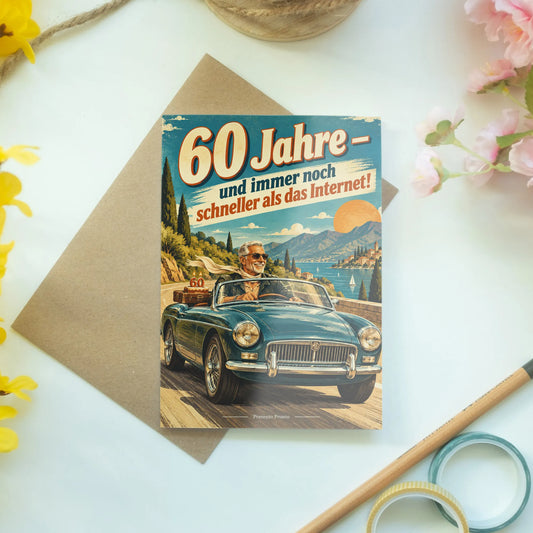 Lustige Geburtstagskarte zum 60. für Männer mit Oldtimer|p:2013328|h:32085624fe4da95f59280c164d368583