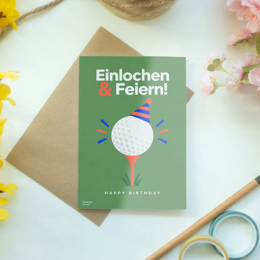 Lustige Geburtstagskarte für Golfer mit Partyhut auf Golfball|p:2013343|h:5a66a1817378c07ffd9d3c314d484775