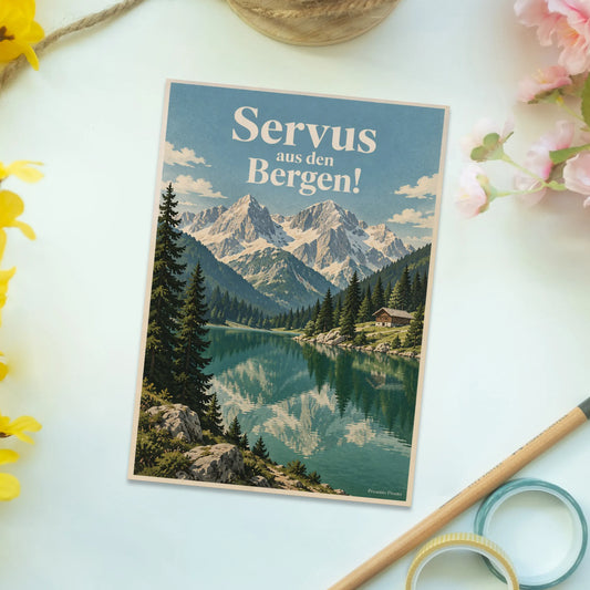Herzliche Postkarte aus Österreich für Urlaubsgrüße mit Bergsee|p:2013398|h:bfe85a9e96f143937c0749ac540b1b2d