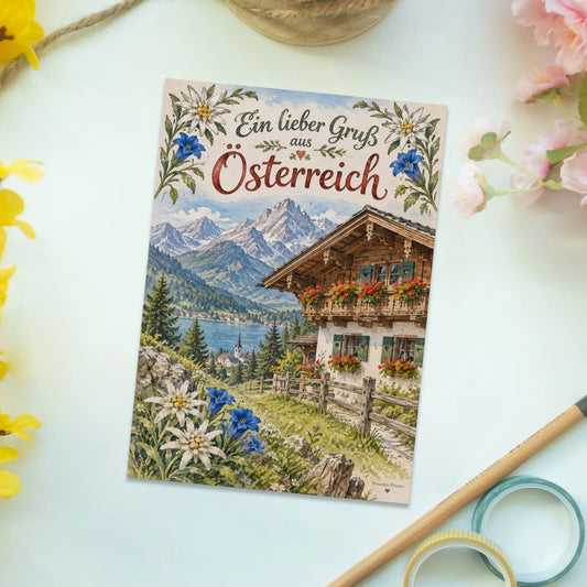 Herzliche Postkarte aus Österreich mit Almhütte|p:2013399|h:71127fdc693bede74a5991949446574f