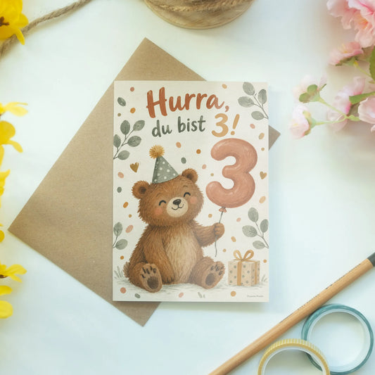 Fröhliche Geburtstagskarte zum 3. Geburtstag mit Bär|p:2013478|h:6f41e9cebbc850e86126f797987133f9