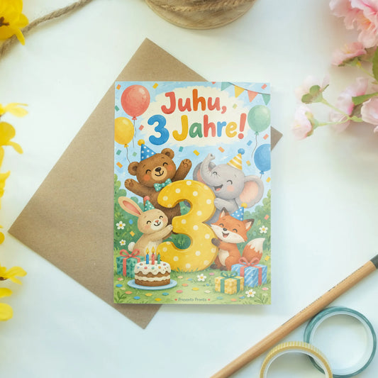 Fröhliche Geburtstagskarte zum 3. Geburtstag mit Tieren und Ballons|p:2013503|h:2d7a49830cd6f8059d282dde39fc4ba2