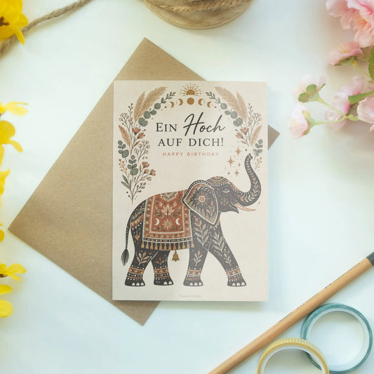 Fröhliche Geburtstagskarte mit Elefant und Blumen|p:2013577|h:123834c0dbfa8e4b60b4b9aab3908cbd