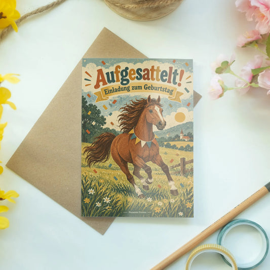 Fröhliche Einladungskarten zum Kindergeburtstag mit Pferd|p:2013596|h:f2c0f941304d3103acc209d94f7f050b
