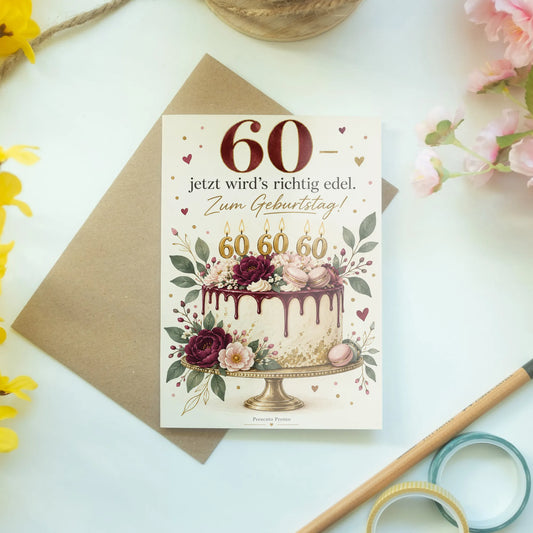 Lustige Geburtstagskarte für Frauen zum 60. Geburtstag mit Torte|p:2013619|h:4d8879d9890cbb1ad9819a290ff819b8