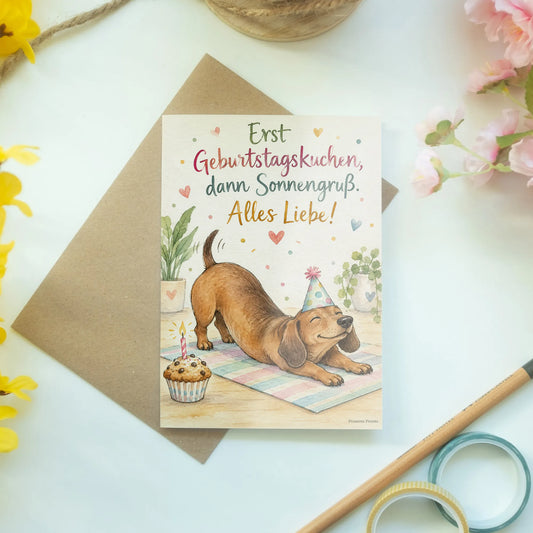 Lustige Geburtstagskarte für Yoga-Fans mit Dackel und Muffin|p:2013680|h:98d1add7ab28e495a349df195c37a554