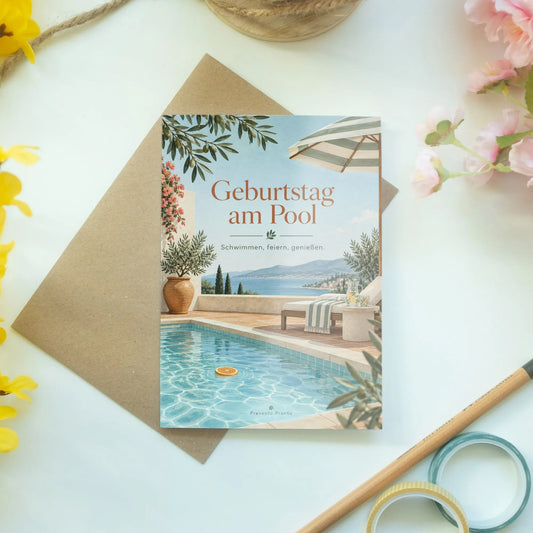Elegante Einladungskarten zum Geburtstag im Schwimmbad mit Sonnenschirm|p:2013782|h:bcc69ffe706180e74c8d497662cfa7f9
