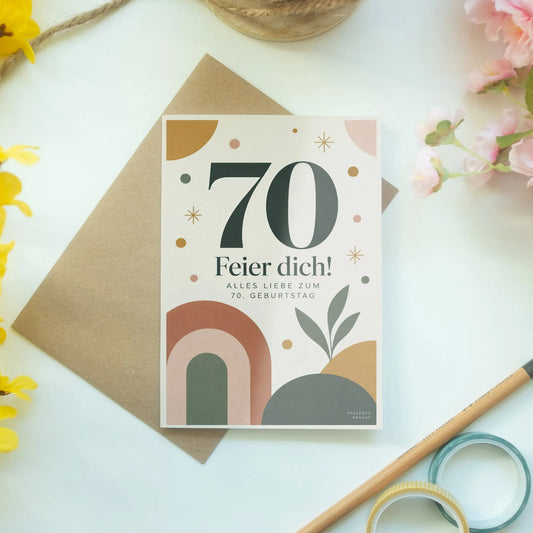 Fröhliche Geburtstagskarte zum 70. mit Bögen und Konfetti|p:2014195|h:d4f601c01e0516ddd939573d43433473