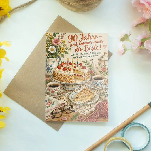 Herzliche Geburtstagskarte zum 90. Geburtstag für Frauen mit Kaffeetafel|p:2014266|h:c0f2400098797f7301f27bbb42be70b0