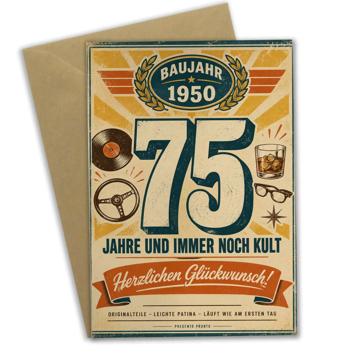 Lustige Geburtstagskarte zum 75. Geburtstag mit Retro Badge|p:2014313|h:f3404d2da579fc0832bc2d4d643208f4