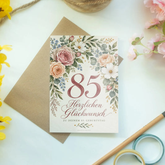 Elegante Geburtstagskarte zum 85. Geburtstag mit Blumenrahmen|p:2014788|h:519cde244a023d1daffe2fcd6fcd667f