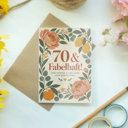 Herzliche Geburtstagskarte für Frau zum 70. mit Blumenrahmen|p:2015123|h:a7227e897a7ff765c511bc43e6c66540