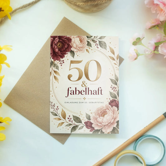 Elegante Einladungskarten zum 50. Geburtstag für Frauen mit Blumen|p:2015165|h:4a2865c39caaee891872ea6f96e70243