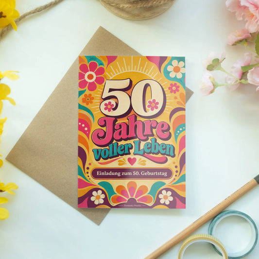 Fröhliche Einladungskarten zum 50. Geburtstag für Frauen mit Blumen|p:2015173|h:45d55298d1f240a159ea971970178acb