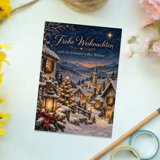 Gemütliche Postkarte zu Weihnachten mit verschneitem Dorf|p:2015211|h:d5dd7862b506b6ded4503584be655603