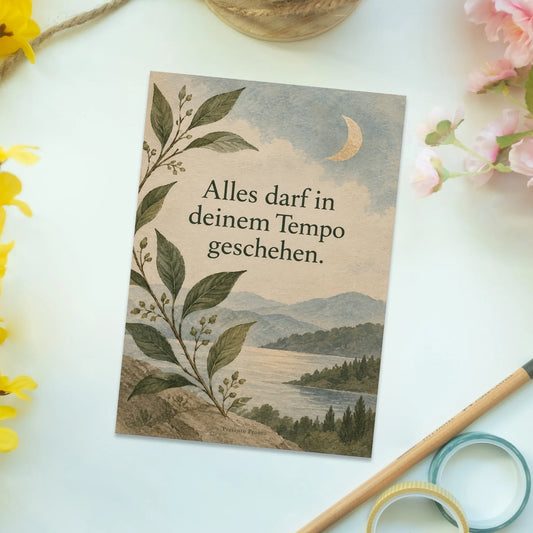 Ruhige Affirmationspostkarte für Achtsamkeit mit Zweig und Mond|p:2015228|h:96564243578d51590863f20e94408074