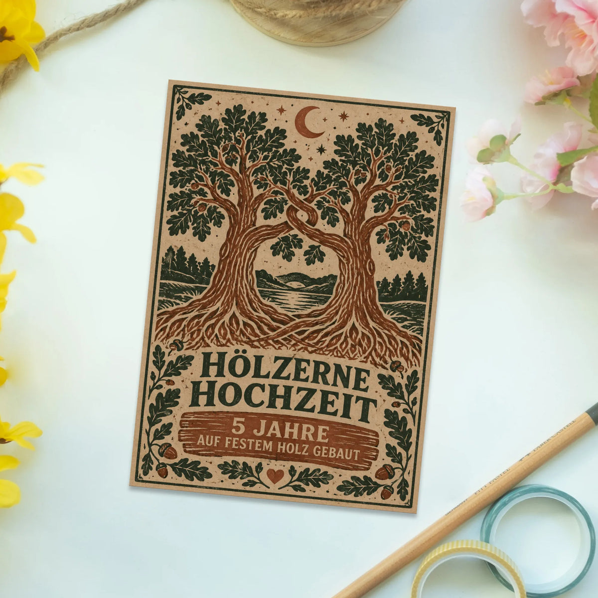 Romantische Postkarte zur Hölzernen Hochzeit mit Eichenbäumen|p:2012490|h:f64c69c6556cb50e09275a04e03b28b6