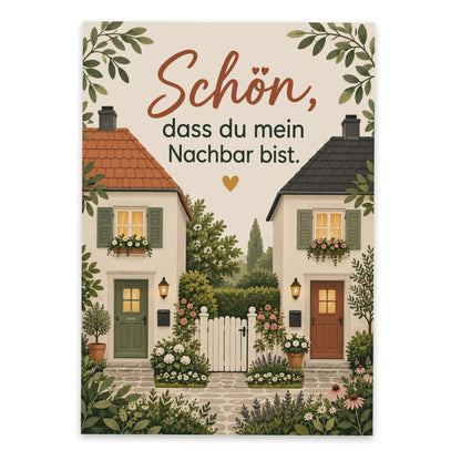 Herzliche Postkarte für Nachbarn mit Häusern und Zaun|p:2012497|h:81d826423576fbdafb9e6d089f005078