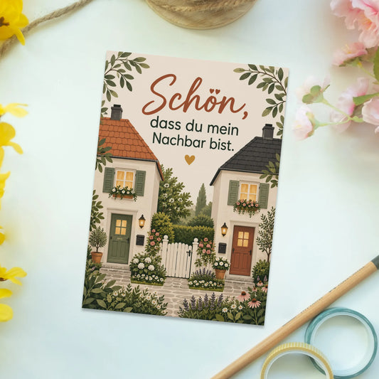 Herzliche Postkarte für Nachbarn mit Häusern und Zaun|p:2012497|h:7449da795714e377841ce01235878c44