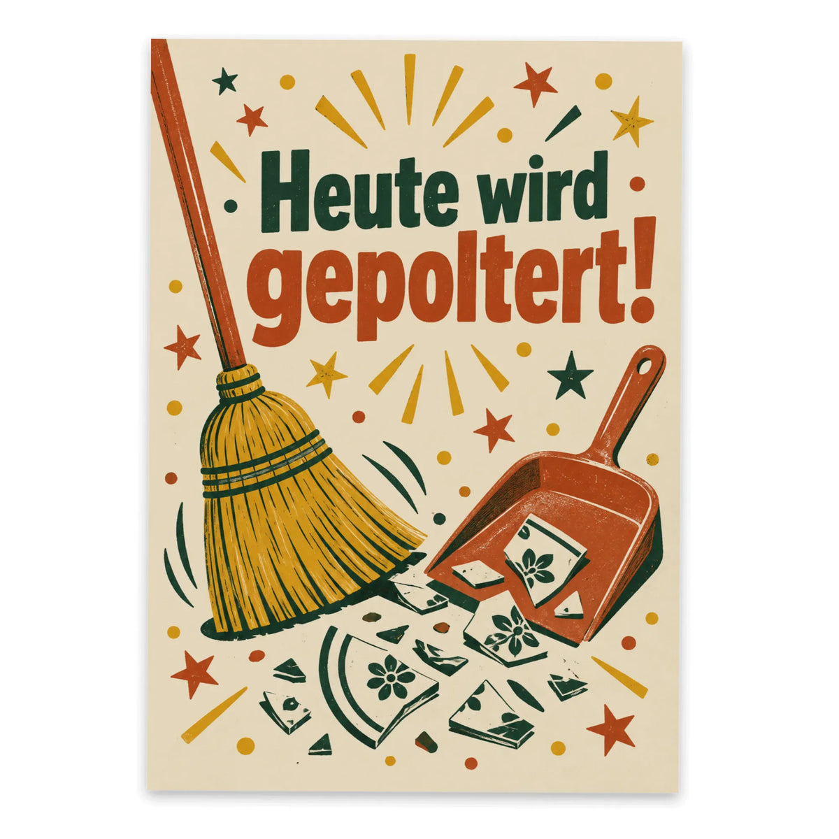 Lustige Postkarte zum Polterabend mit Besen und Kehrblech|p:2012500|h:0f5f9f4f8755460d86b4db79107ffdeb