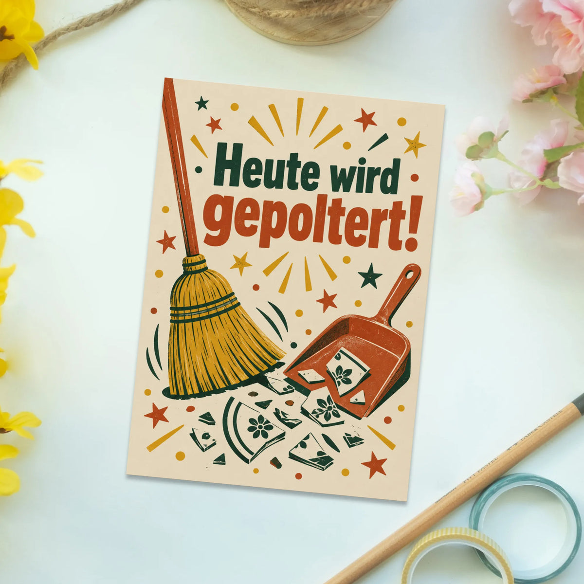 Lustige Postkarte zum Polterabend mit Besen und Kehrblech|p:2012500|h:fa3642aeb28362eb602c4f1c9d65926a