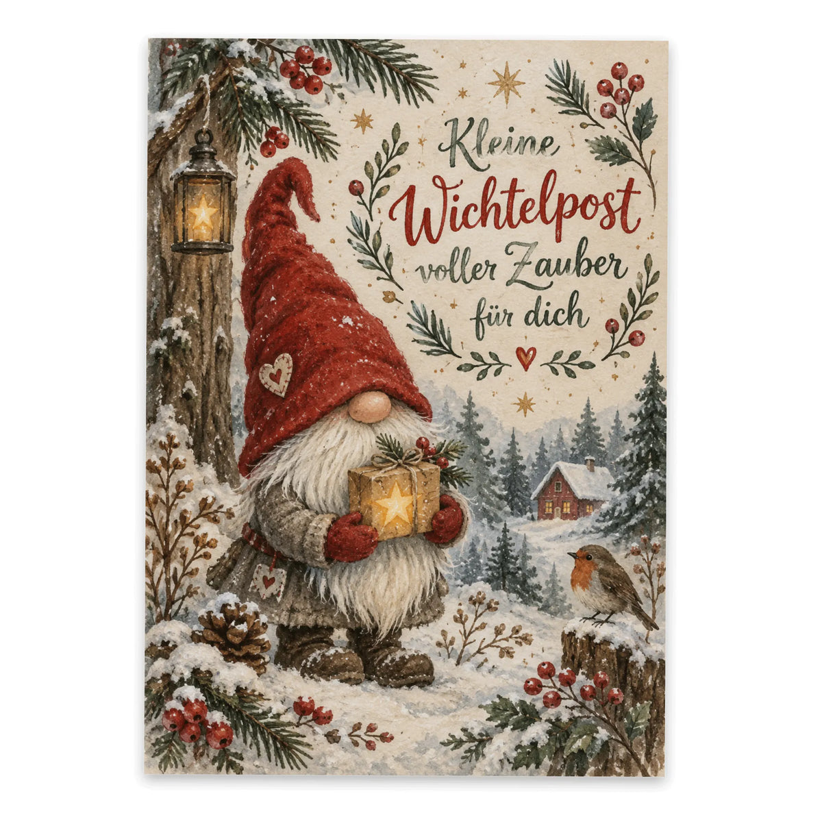 Zauberhafte Postkarte zu Weihnachten mit Wichtel und Geschenk|p:2012512|h:d2d39cf30bf9fd6fd2fe0f0ee45f87e0