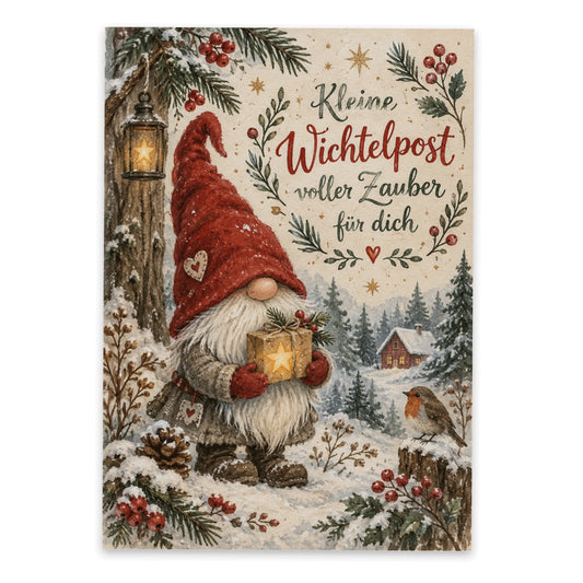 Zauberhafte Postkarte zu Weihnachten mit Wichtel und Geschenk|p:2012512|h:d2d39cf30bf9fd6fd2fe0f0ee45f87e0