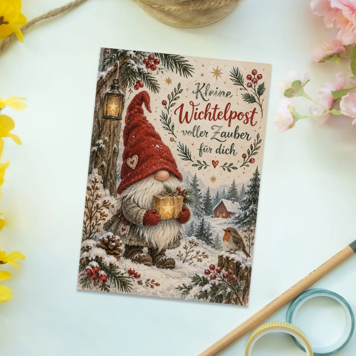Zauberhafte Postkarte zu Weihnachten mit Wichtel und Geschenk|p:2012512|h:686a59d021c05b269c098f485f3de381