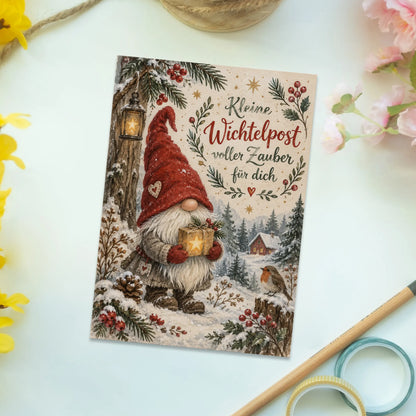 Zauberhafte Postkarte zu Weihnachten mit Wichtel und Geschenk|p:2012512|h:686a59d021c05b269c098f485f3de381