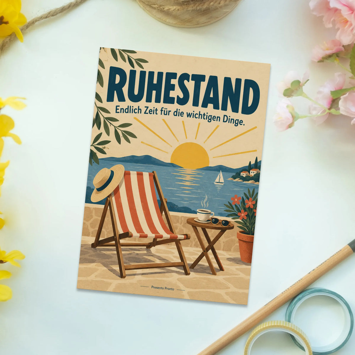 Herzliche Postkarte zum Ruhestand mit Liegestuhl|p:2012534|h:2d8a2bcd2a4a8b0a9ae530c6dcf7f726