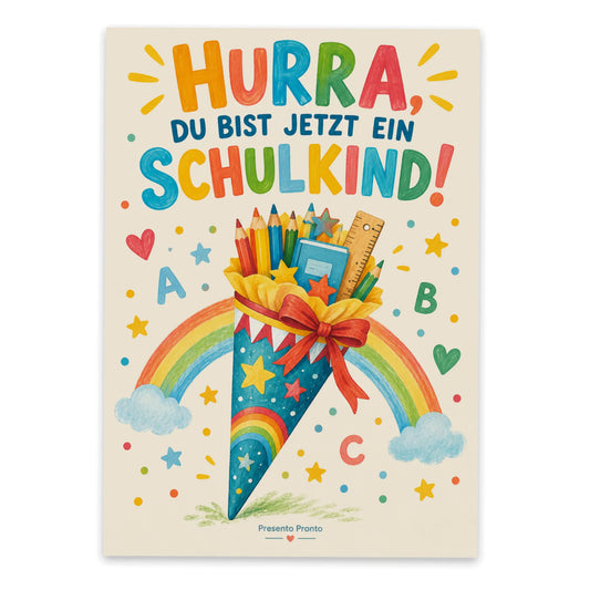 Fröhliche Postkarte zur Einschulung mit Schultüte|p:2012537|h:85acab386b46b142a448cdbb6db42d79