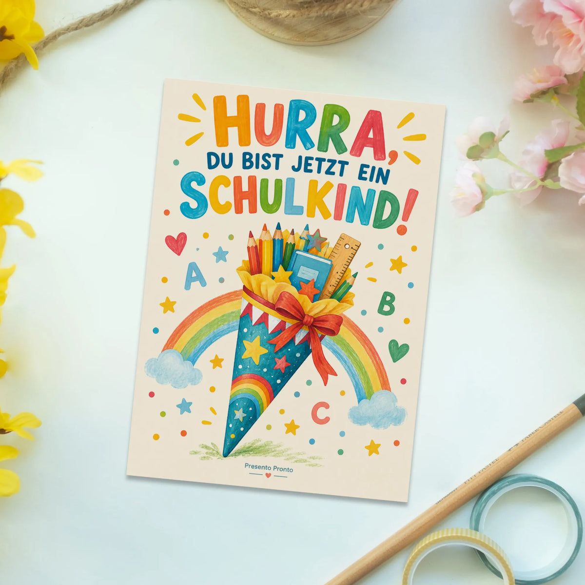 Fröhliche Postkarte zur Einschulung mit Schultüte|p:2012537|h:ec05de4cc88ab5d0a16a12d9aa97312d