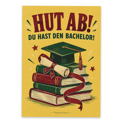 Lustige Bachelor Postkarte mit Bücherstapel und Mütze|p:2012539|h:3197471ee839614f4ac8e35d43d35288