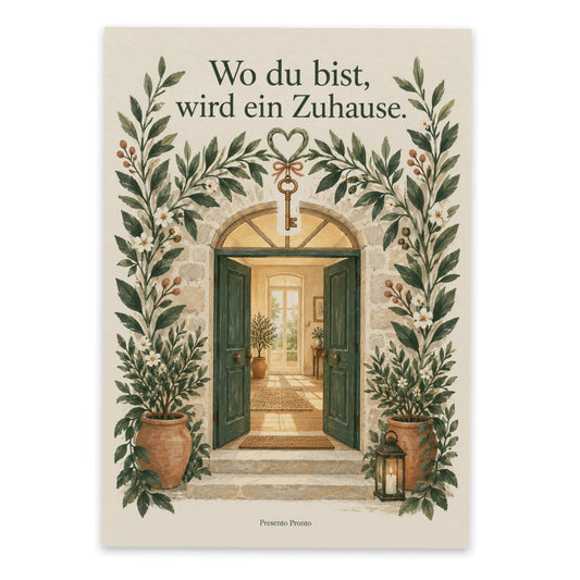 Herzliche Postkarte zum Umzug mit offener Tür|p:2012541|h:f431a4a81a738d17517c80c4ecf1713e