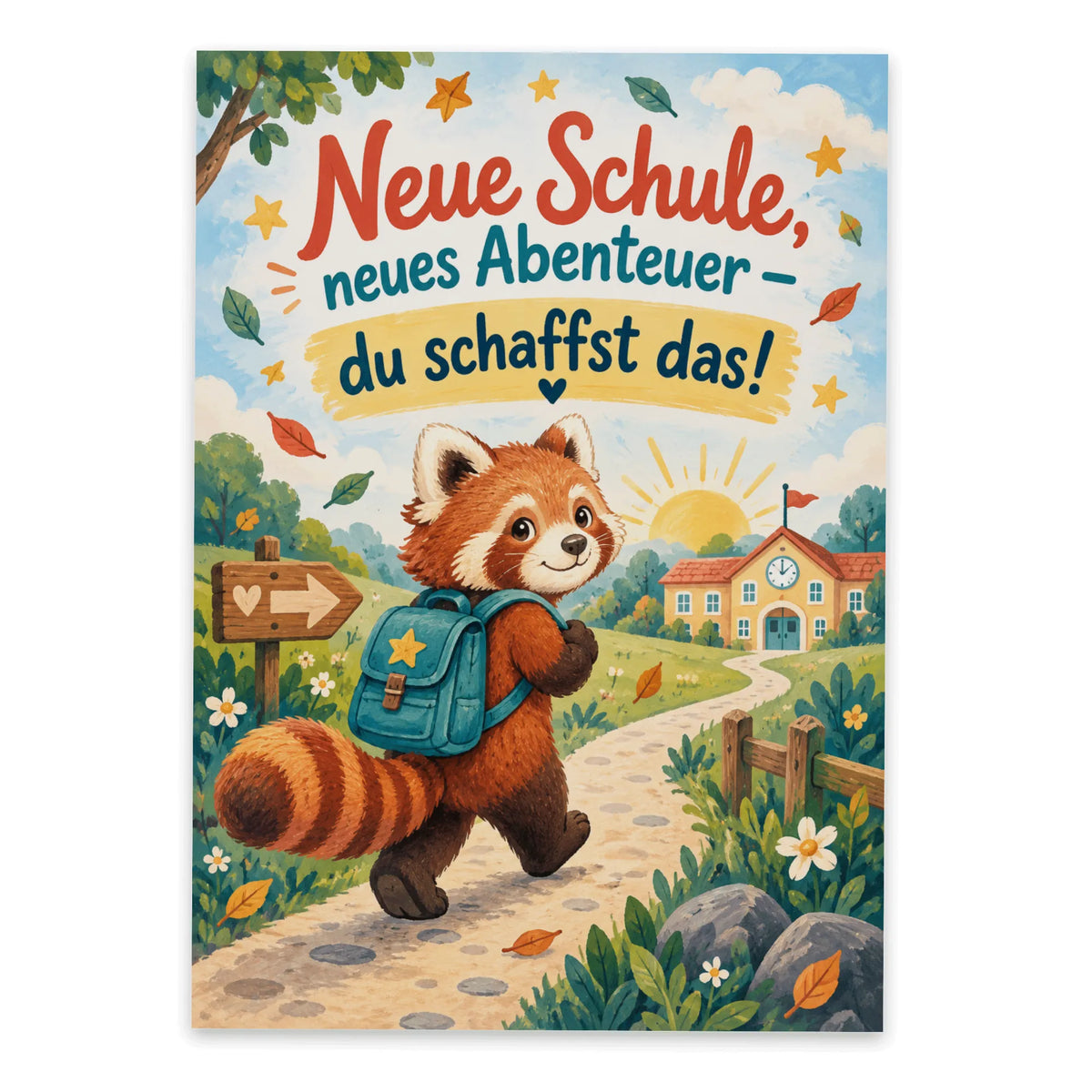 Aufmunternde Postkarte zum Schulwechsel mit Rotem Panda|p:2012543|h:237b59e684b0f7928a7ae33531654d54