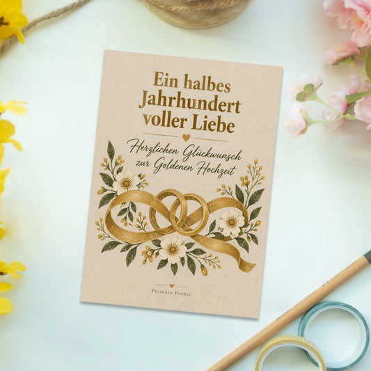 Herzliche Postkarte zur Goldenen Hochzeit mit goldenen Ringen|p:2012559|h:3bec3a77b2337945ef16a0f38def3151