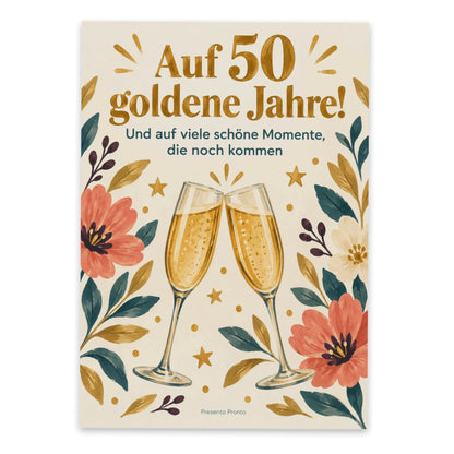 Elegante Postkarte zur Goldenen Hochzeit mit Champagnergläsern|p:2012560|h:097f132413e3aa6f3fa28e3170de64a8