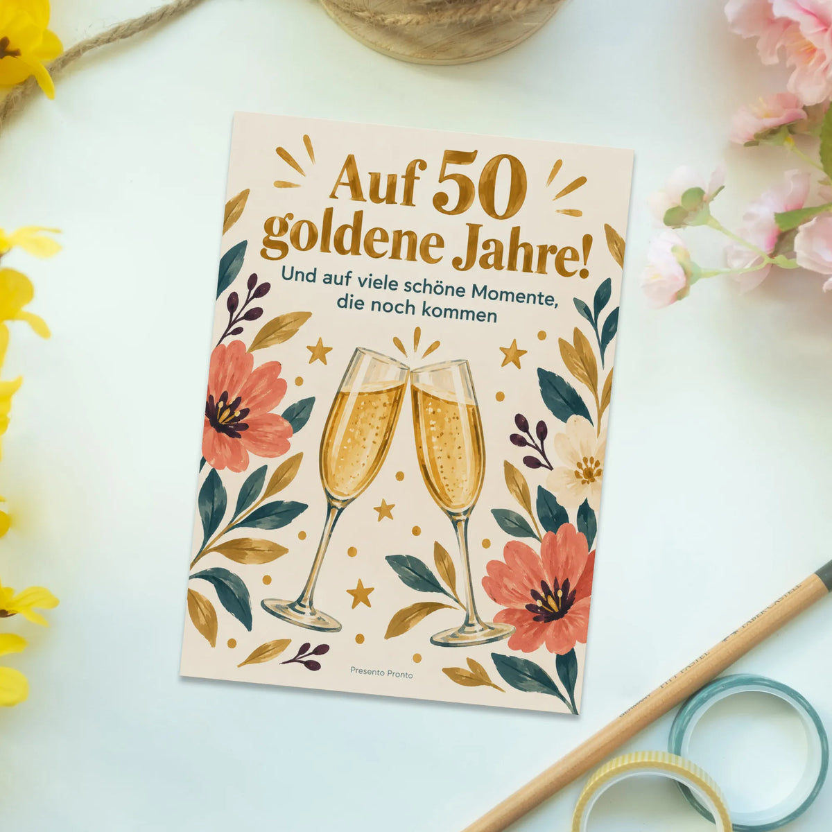 Elegante Postkarte zur Goldenen Hochzeit mit Champagnergläsern|p:2012560|h:a326d950c42080448f6c6987a6066f7a